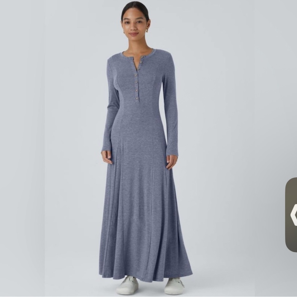 NWT HALARA Henley Round Neck Long Sleeve Flare Maxi Casual Dress Size Small